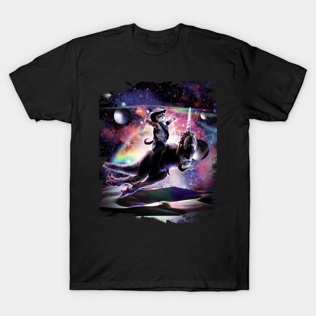 Galaxy Cat On Dinosaur Unicorn In Space T-Shirt by Random Galaxy